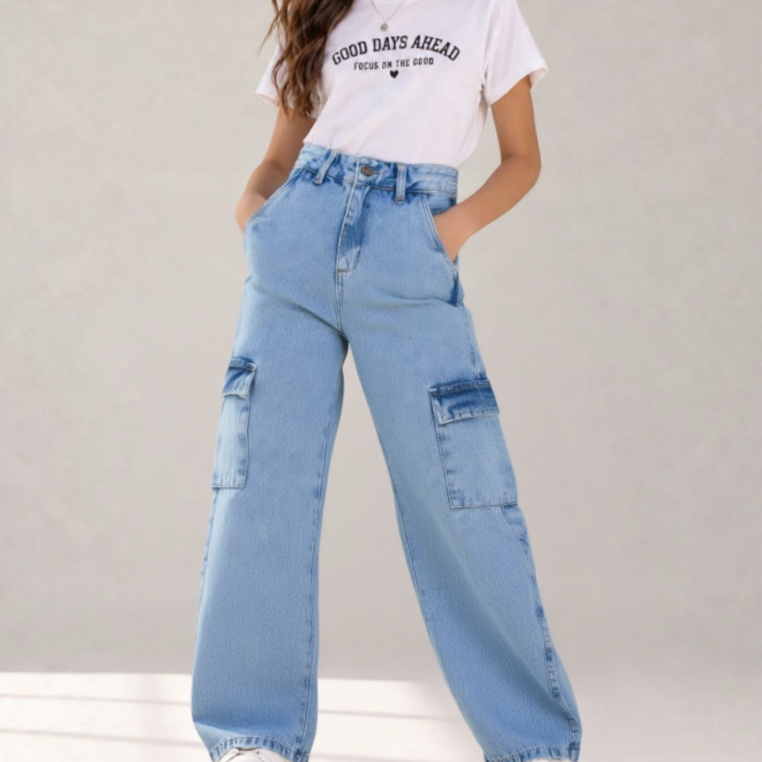 Calça Jeans Infantil Wide Leg Cargo Feminina Linh