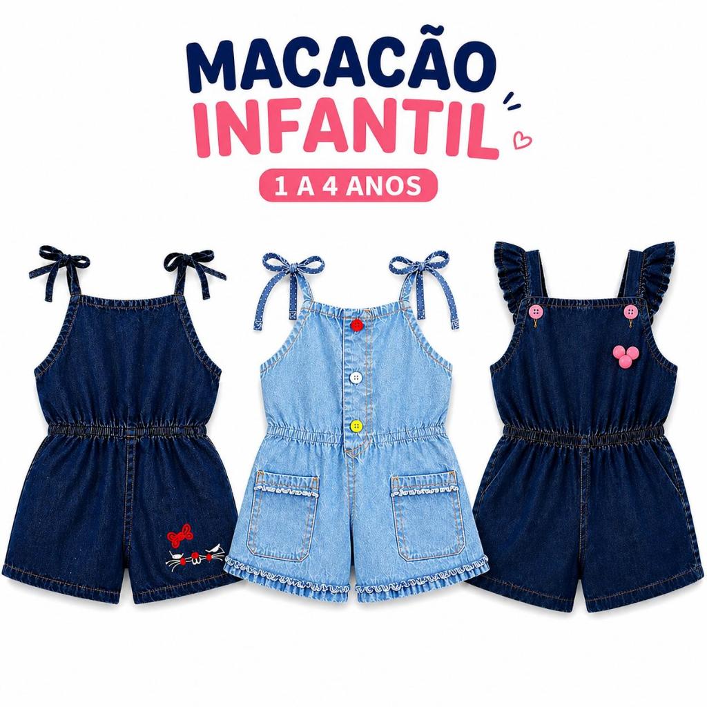 Macacão Macaquinho Jardineira Jeans Infantil Femi
