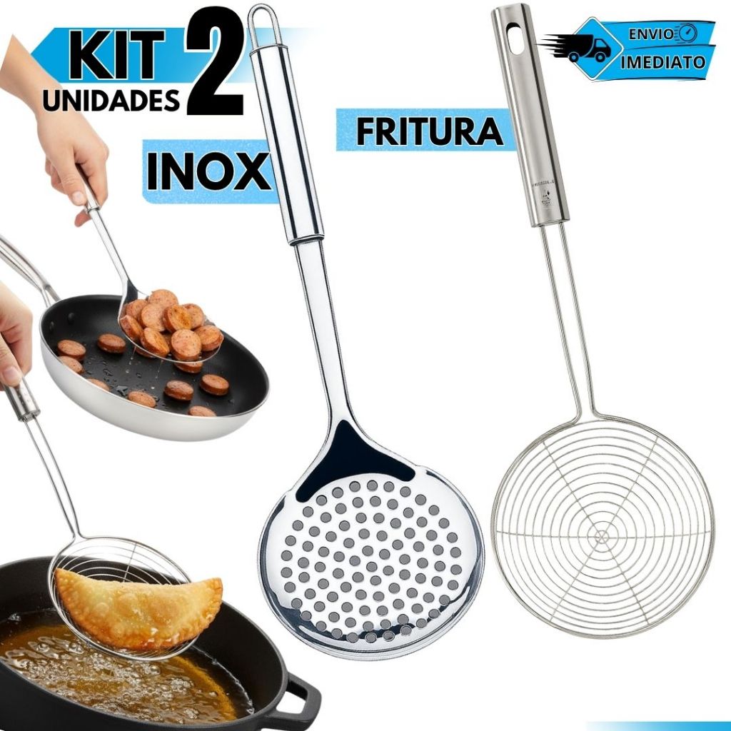Kit 2 Escumadeiras Inox Cozinha + Fritura Aço Ino