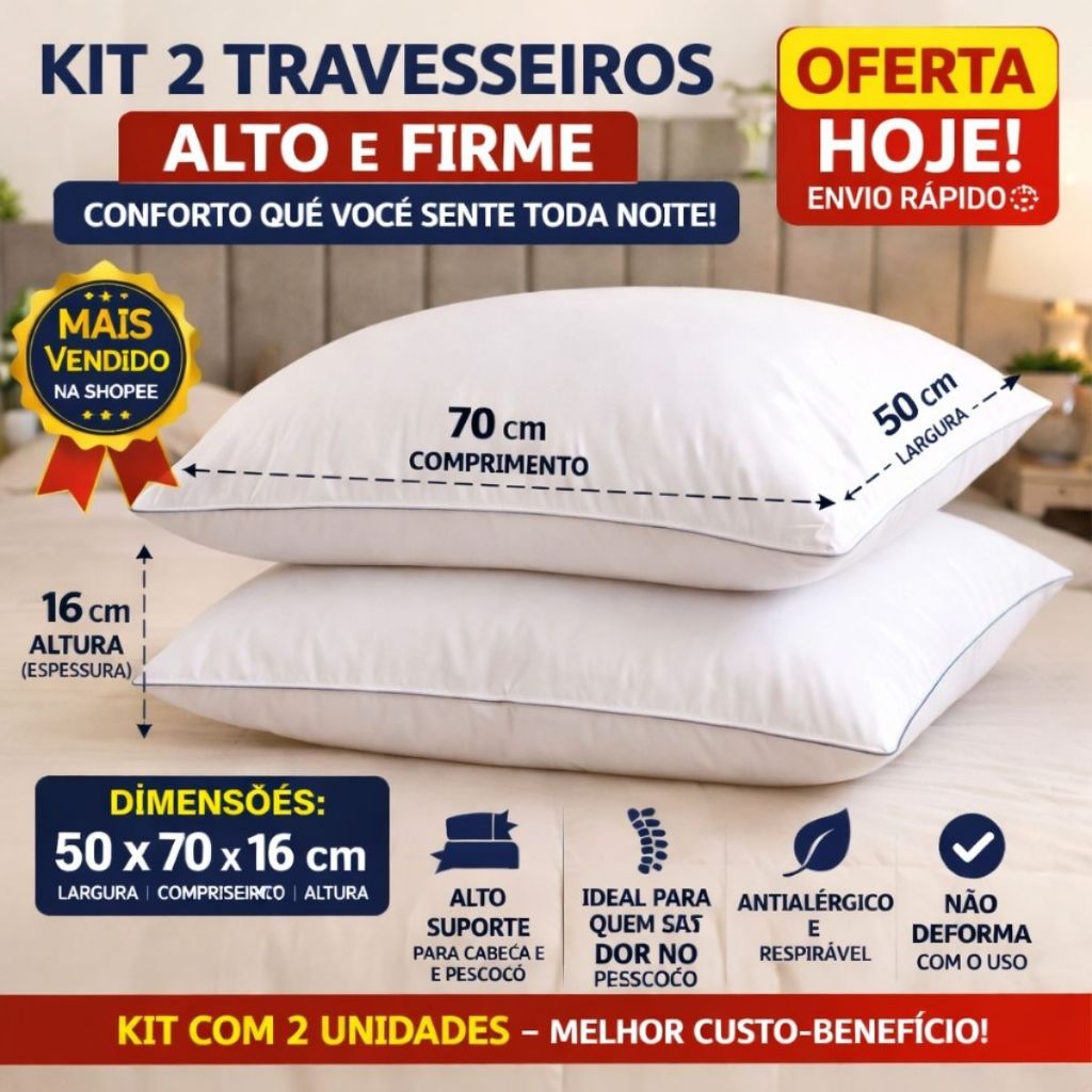 Kit 2 Travesseiros 50x70cm Alto e Firme Antialérg