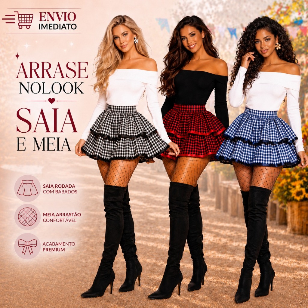 Saia de Festa Junina Caipira Com Babados + Meia Ar