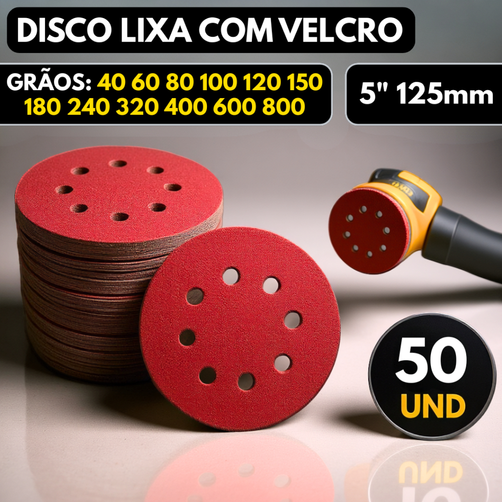 Kit 50 Disco de Lixa Velcro Circular 125mm 8 Furos