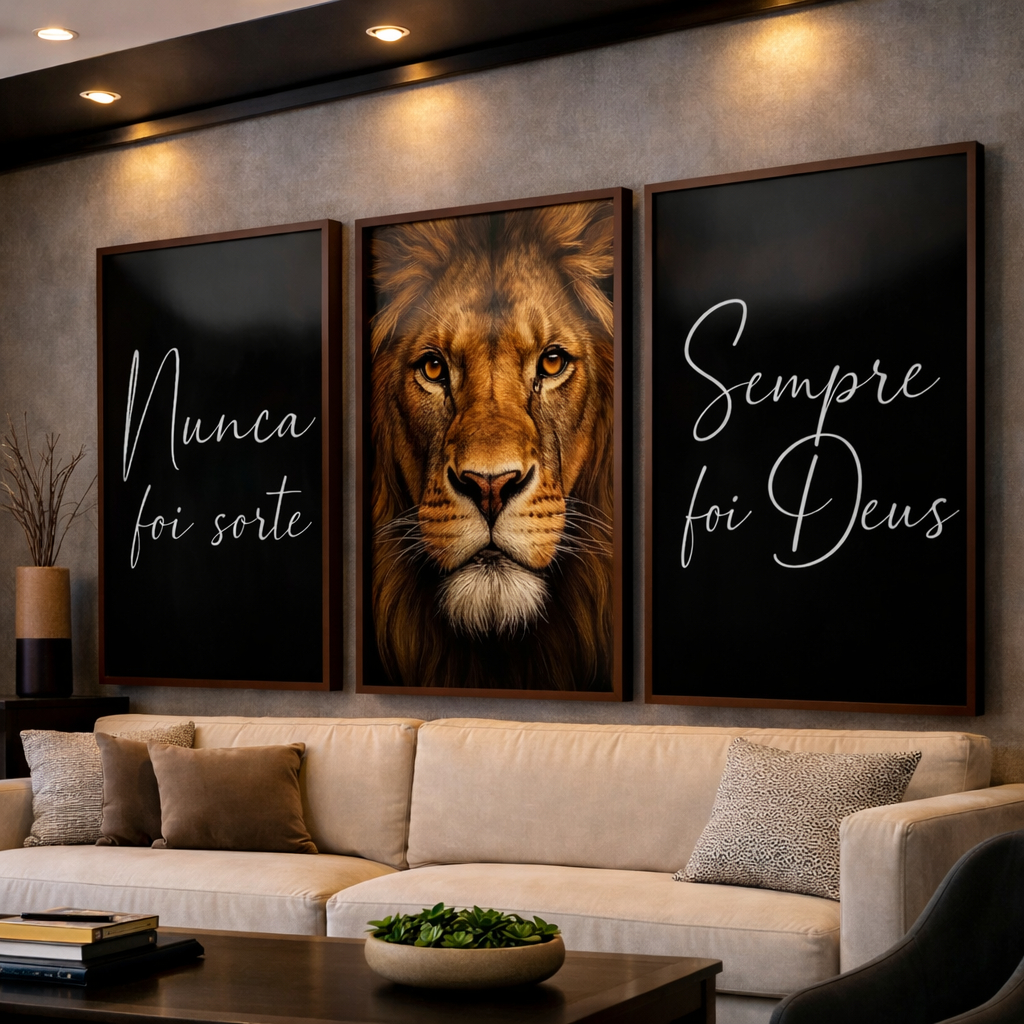 Kit 3 Quadros Decorativos Leão de Judá Frase Nun