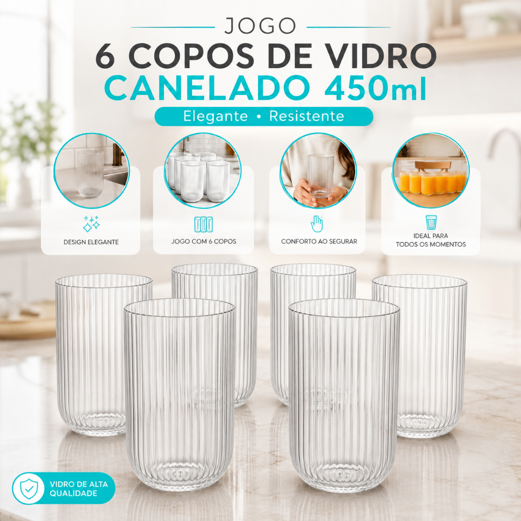 Jogo 6 Copos de Vidro Canelado 450ml Elegante Resi