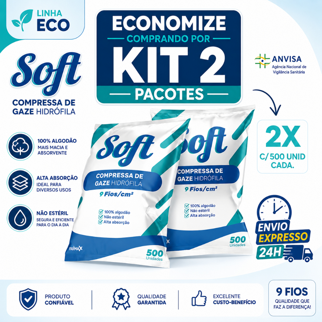 Kit 2 Compressa De Gaze 9 Fios 1000 Unidades Soft 