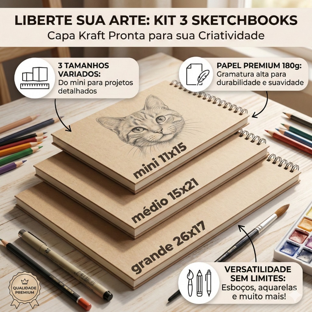 Kit 3 Sketchbook Caderno de Desenho 180g Desenhe s