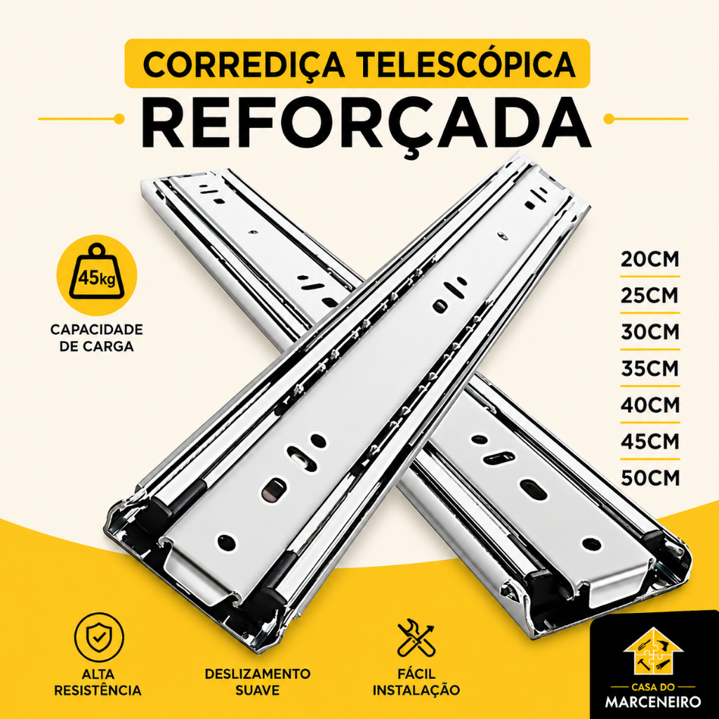 Par Corrediça Telescópica Reforçada 45kg + Brin