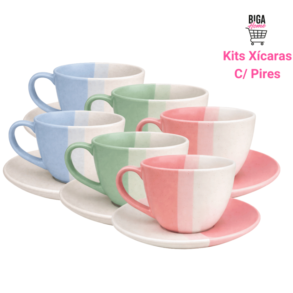 Kits Xícaras 250ml Redondas De Cerâmica Bicolor 
