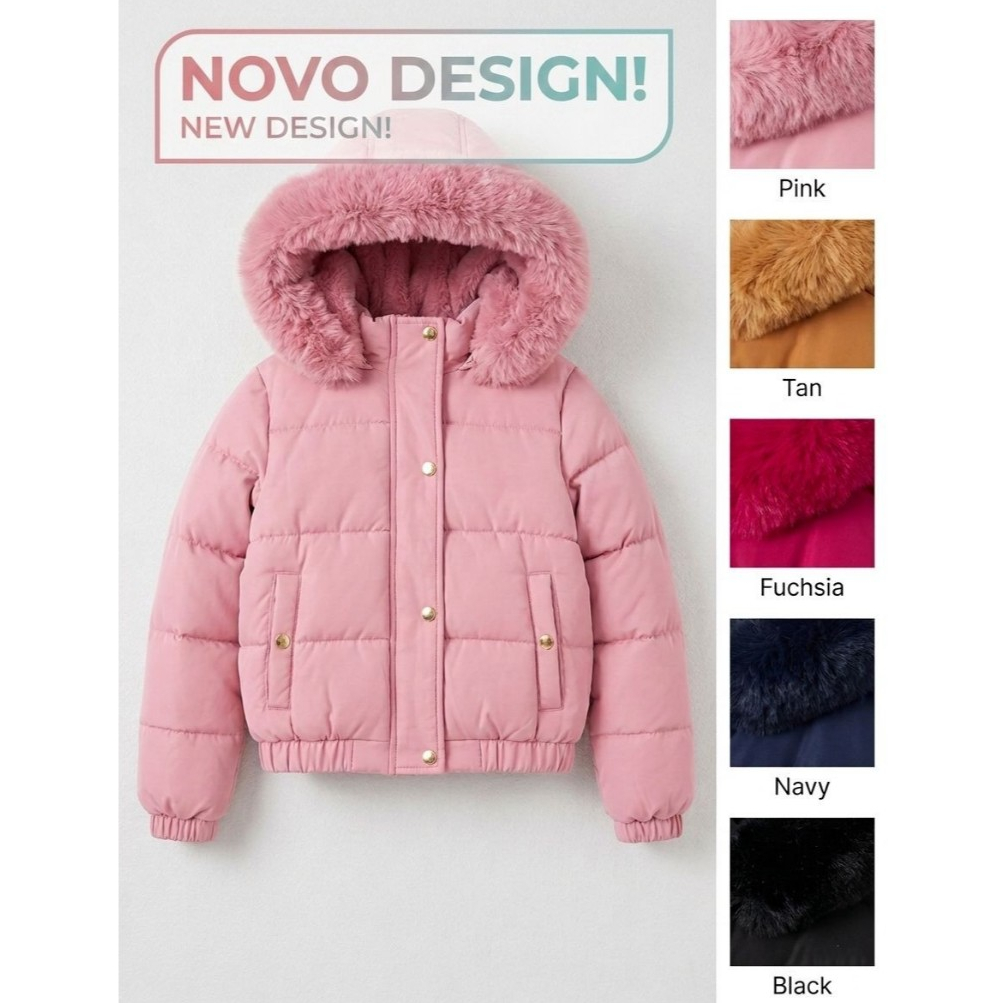 Jaqueta Puffer Infantil Menina Com Capuz De Pelo E