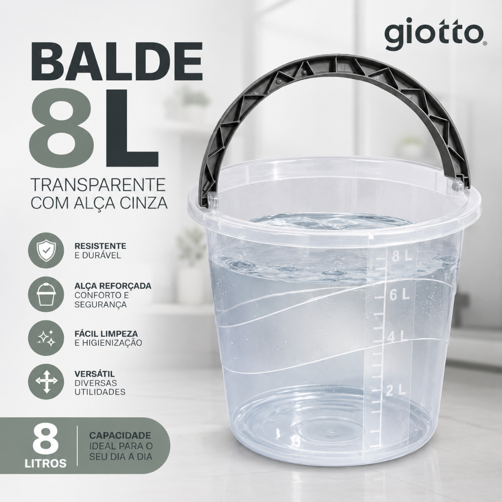 Balde 8L Transparente com Alça Cinza e Medidor Mu