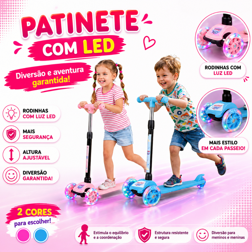 Patinete Dobrável Infantil 3 Rodas Com Led –