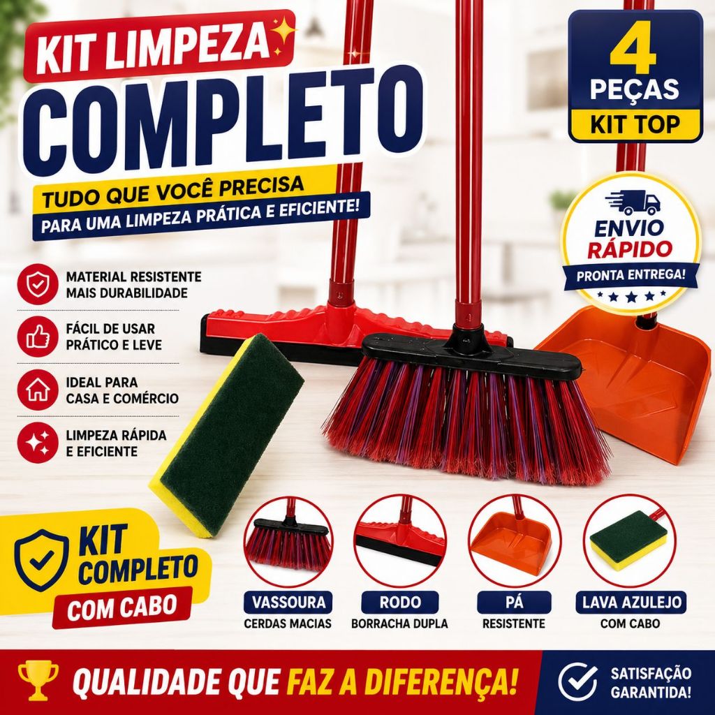 Kit Limpeza Completo 4 Peças Vassoura + Rodo + P