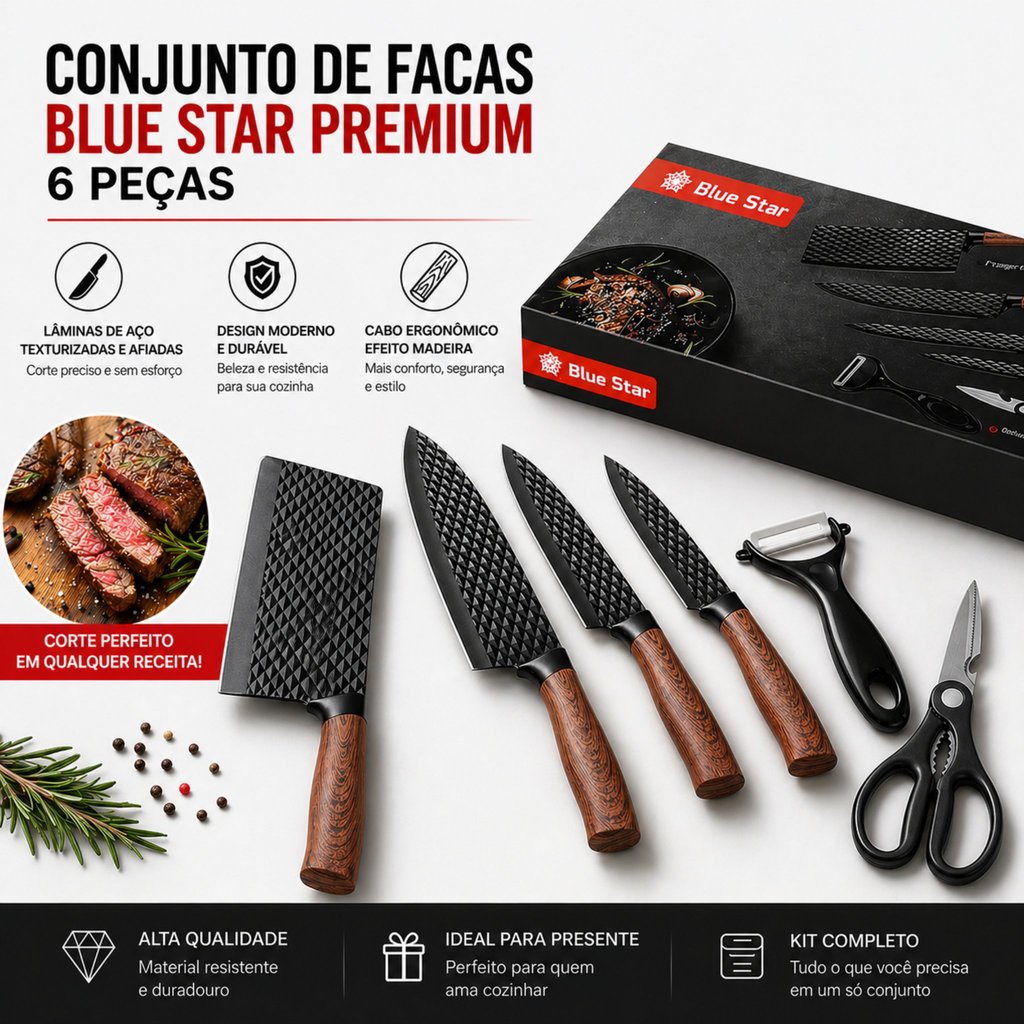 Conjunto De Facas Inox 6 Peças Antiaderente Com C