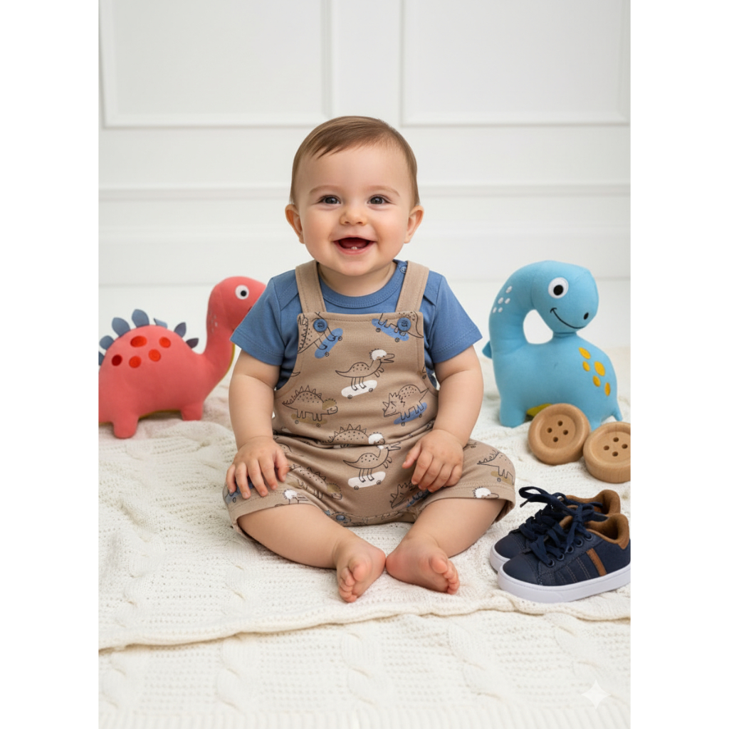 Conjunto Jardineira Bebê Menino Suedine Dino Skat