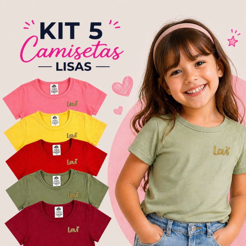 Kit 5 Camisetas Infantil Menina 100% Algodão Bás