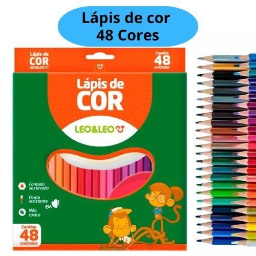 Lápis de Cor Caixa com 48 Cores Escolar Sextavado