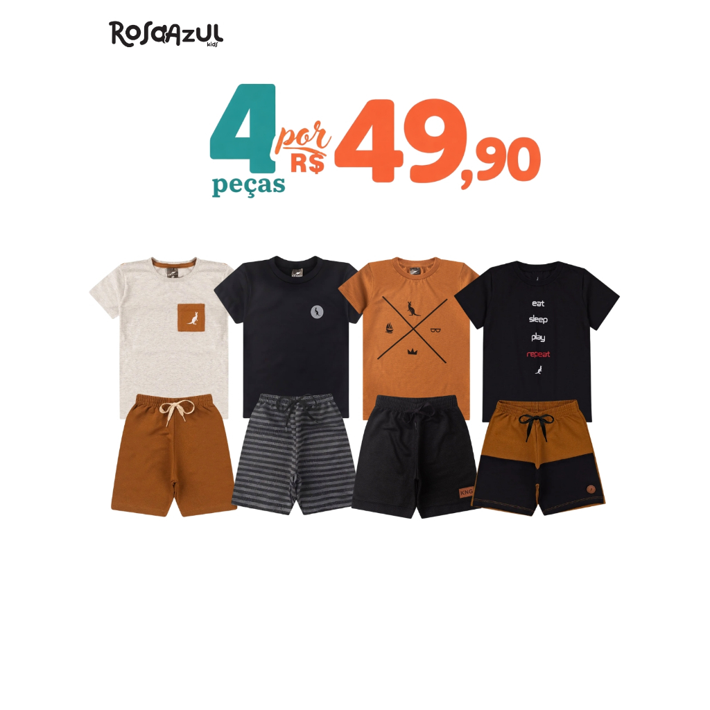 Kit 4 Peças Conjunto Infantil Bebê Menino Verão
