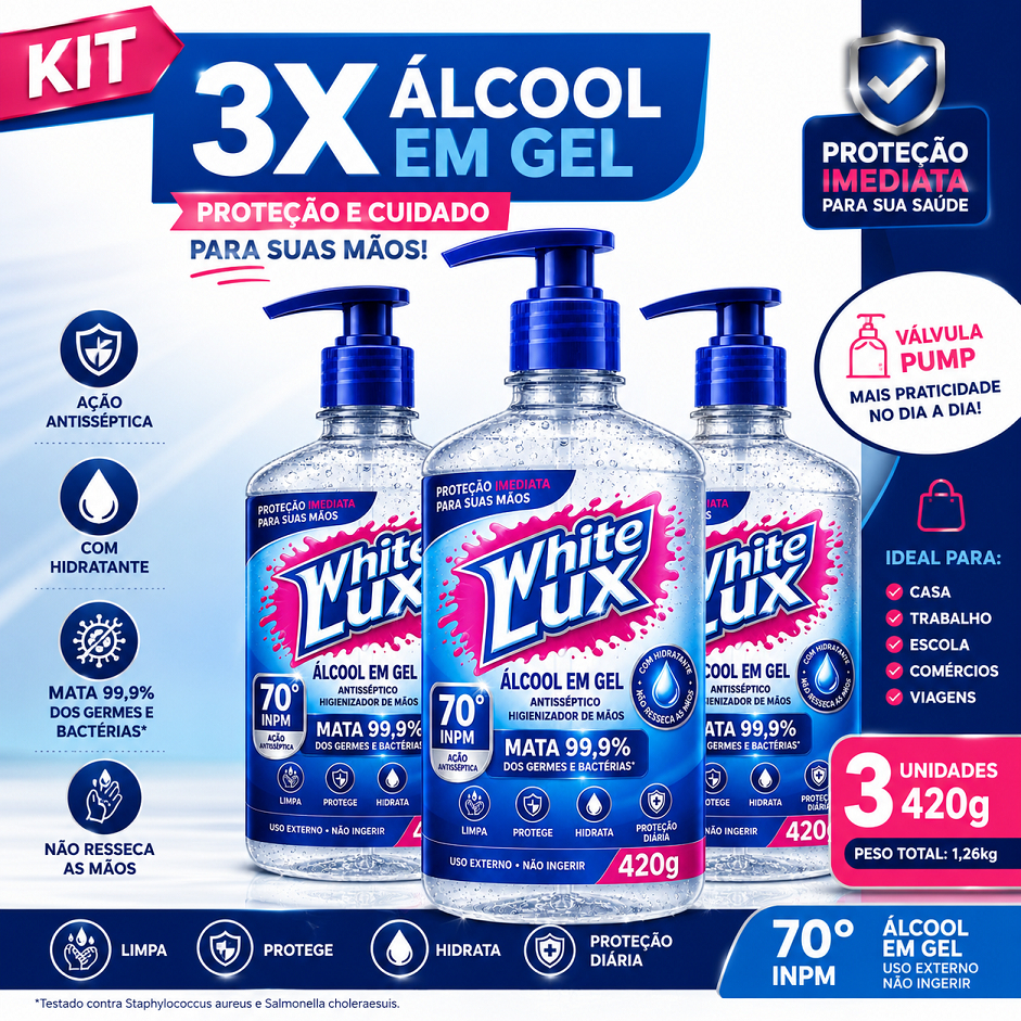 Kit 3 Álcool Gel Antisséptico 70 INPM com Aloe V