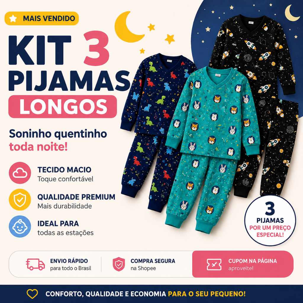Kit 3 Pijamas Infantil para Menino Estampado Inver