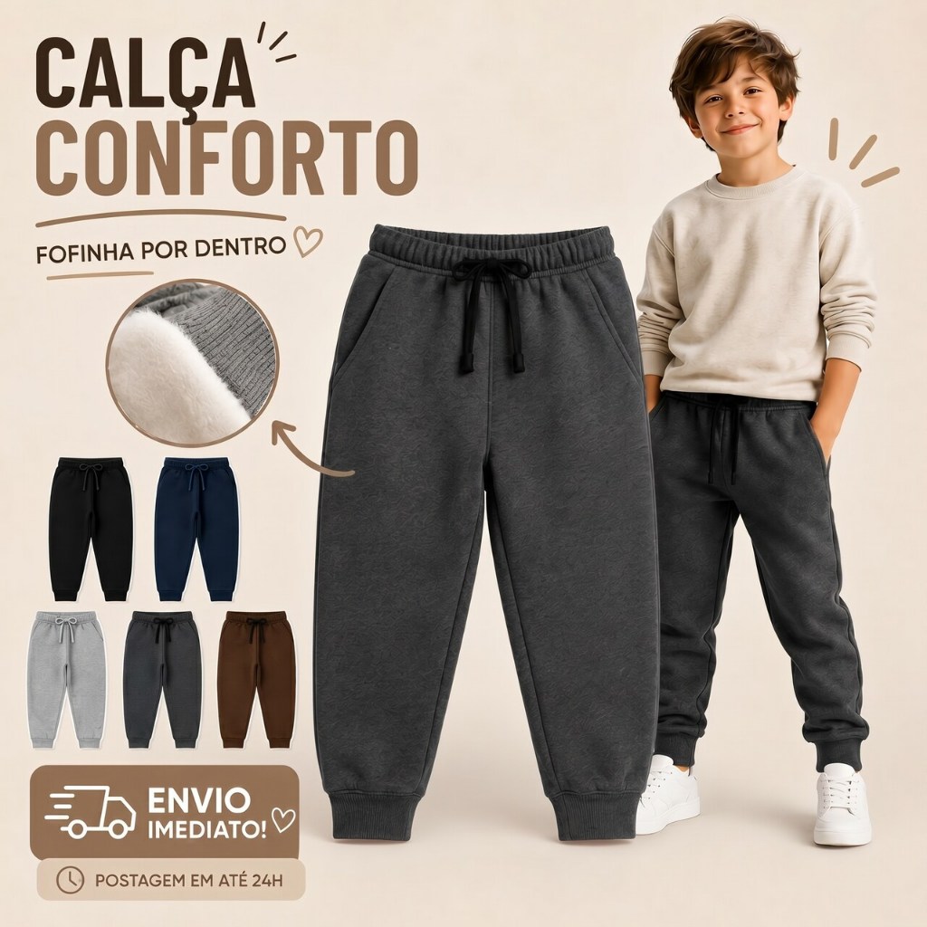 Calça Moletom de Inverno Unisex Peluciada Infanti