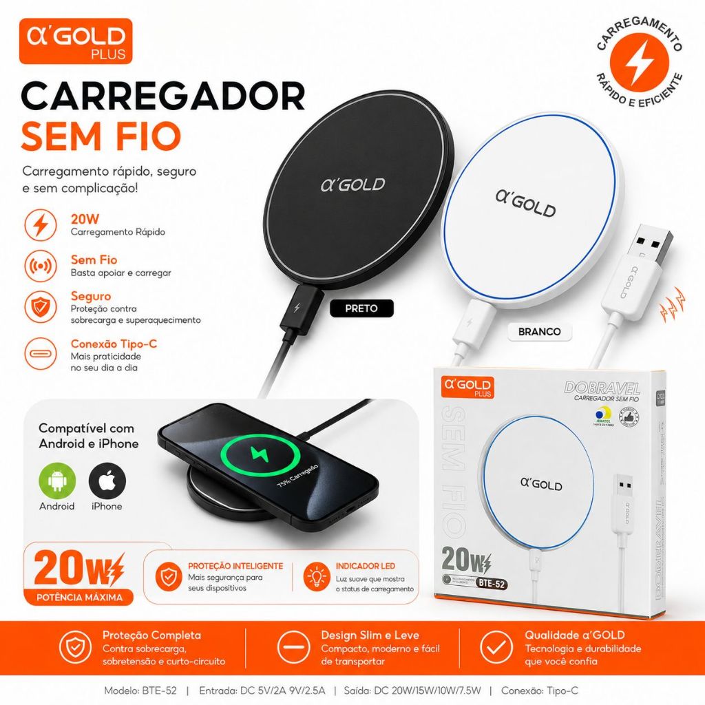 Carregador sem fio de 20 W GOLD BTE-52 com conexã