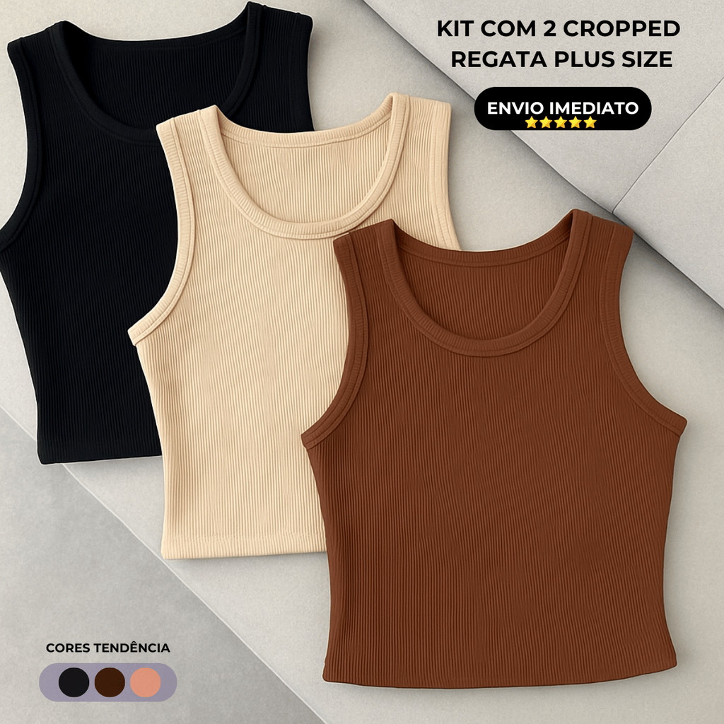 Kit 2 Blusa Feminina Plus Size Cropped Regata Riba