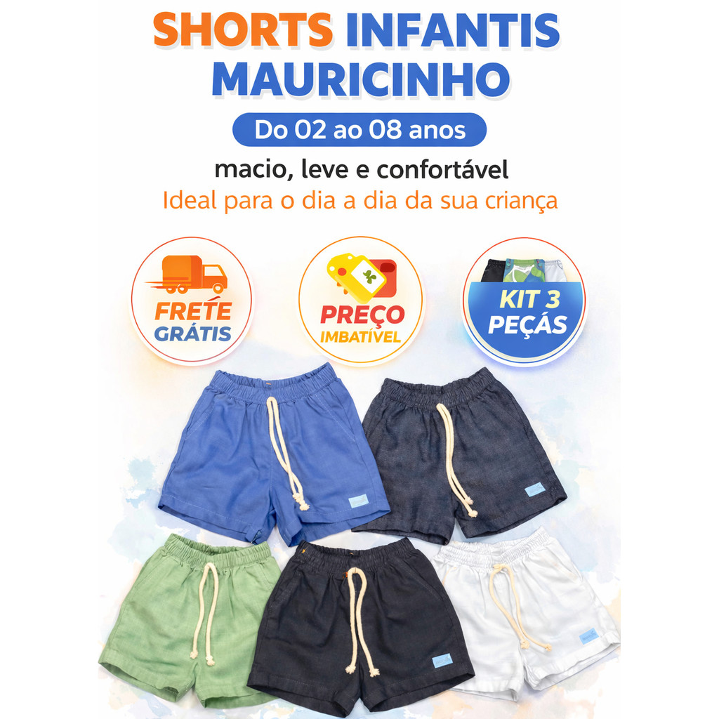 kit com 3 shorts mauricinho infantil menino estilo