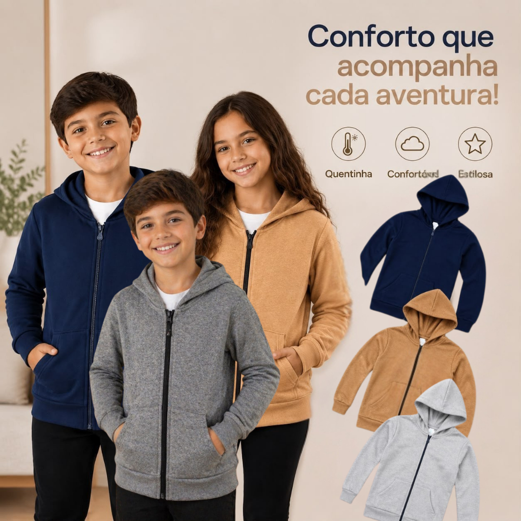 Jaqueta Moletom Flanelada Bolso Ziper Menino Menin
