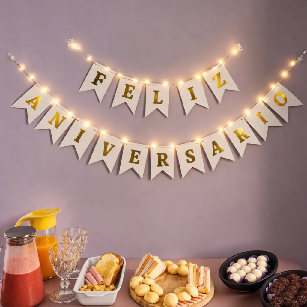 Kit Faixa Feliz Aniversário Com Fio De Fada Led B