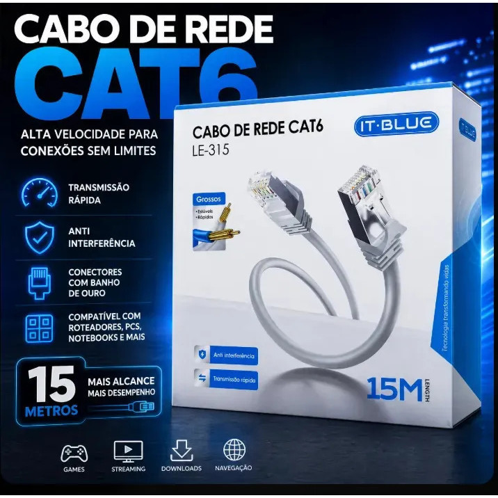Cabo De Rede Cat6 15 Metros Ethernet Lan Giga 10/1