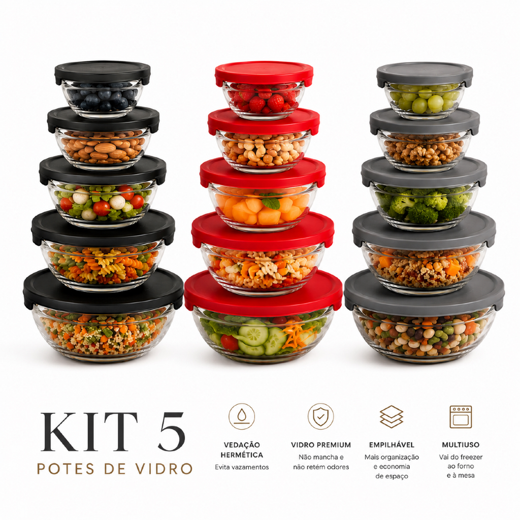 Conjunto Tigela Vidro Bowl Marmita Tampa 5 Peças 