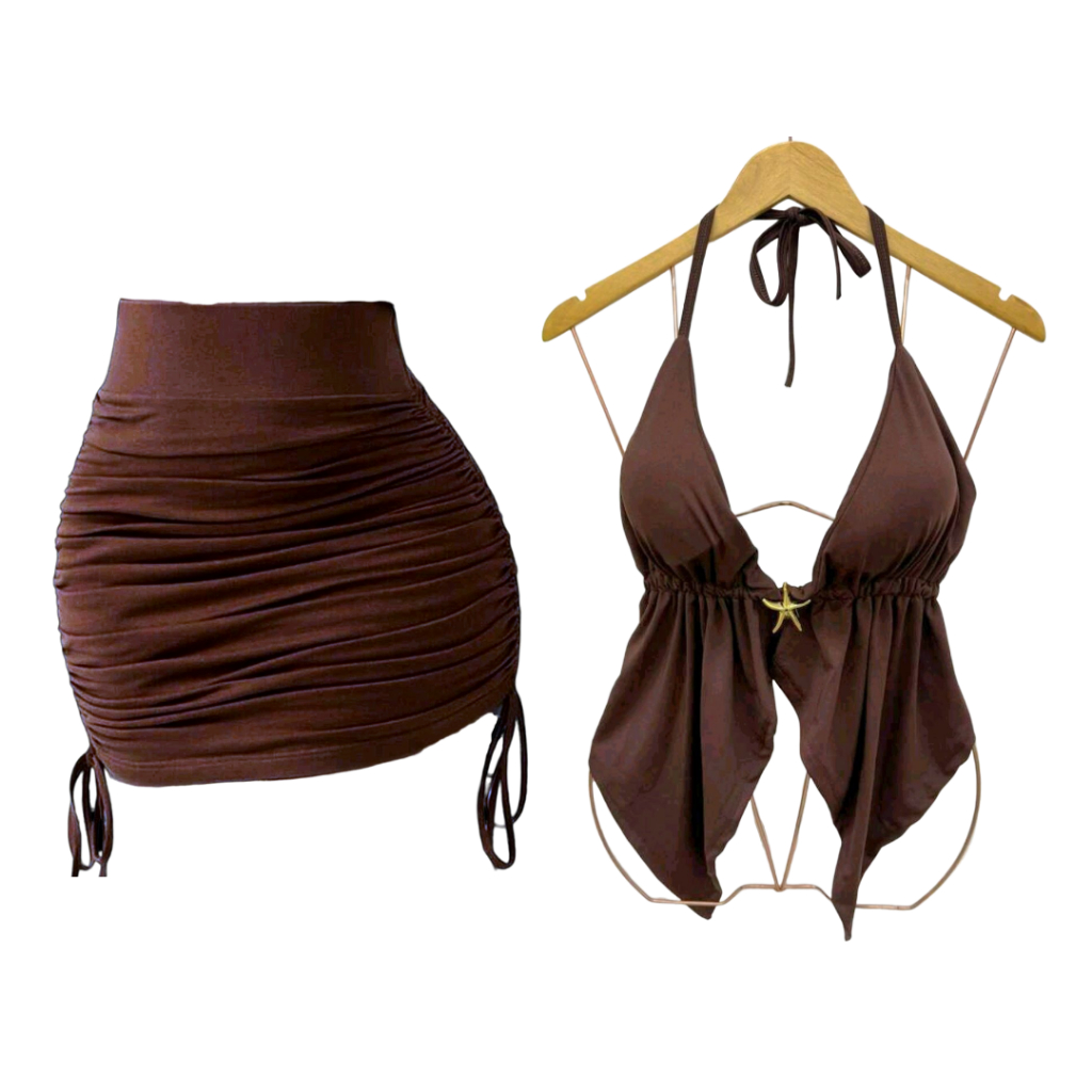 conjunto top cropped bata Malibu Babado Saia curta