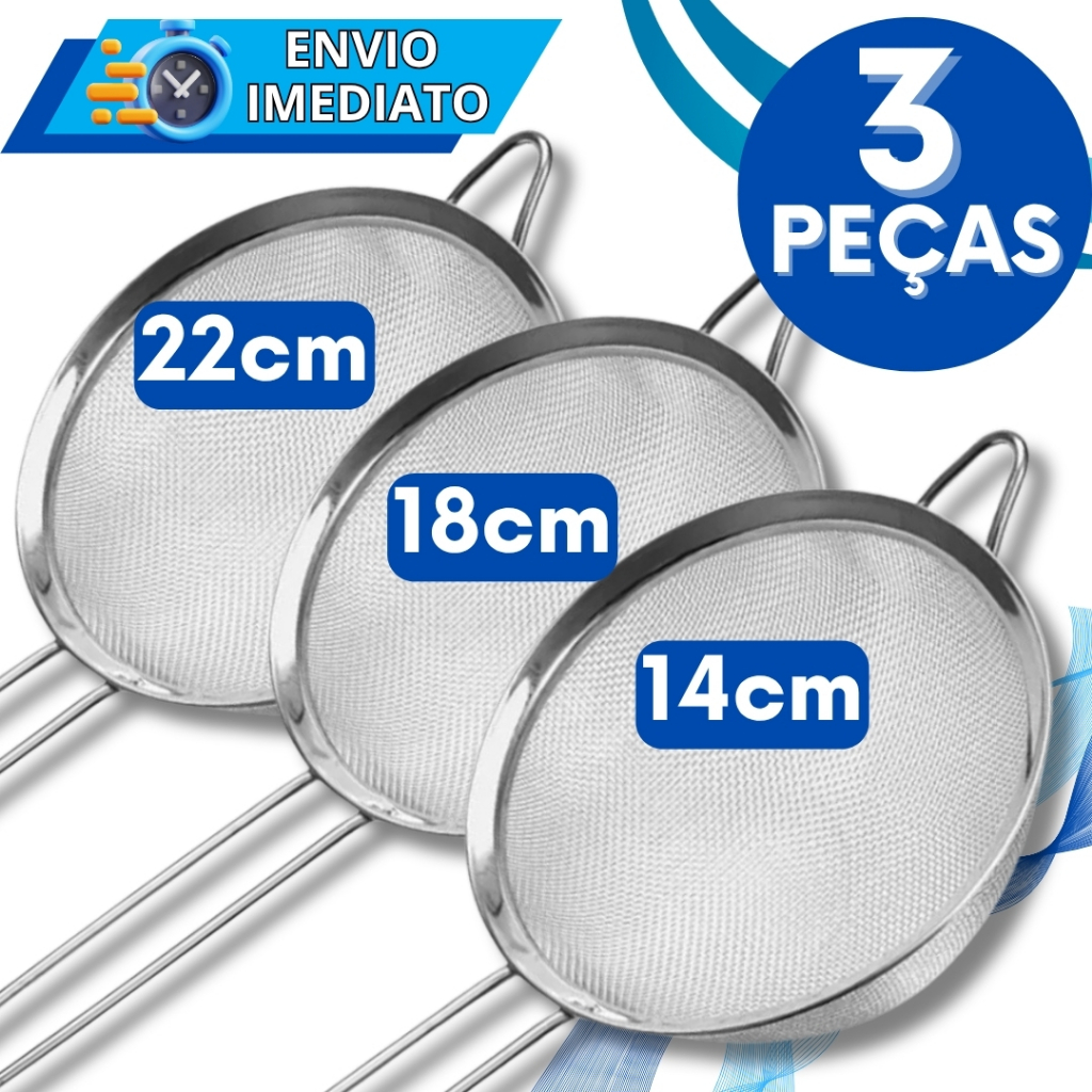 KIT Jogo 3 Peneira Coador de Aço Inox 22cm 18cm 1