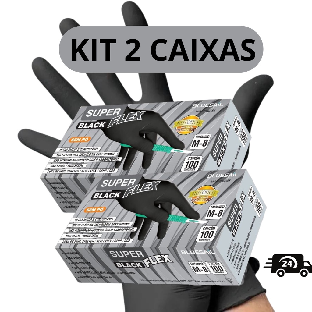 Kit 2 Luva Vinil Nitrilica Preta Sem Pó Descartá