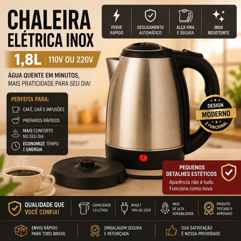 Chaleira Elétrica Inox 1,8L 110V ou 220V Outlet c