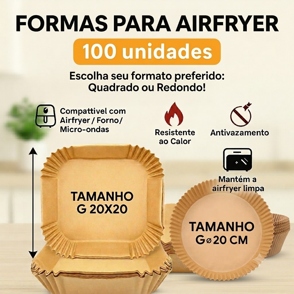Kit 100 Formas Descartáveis para Airfryer Quadrad