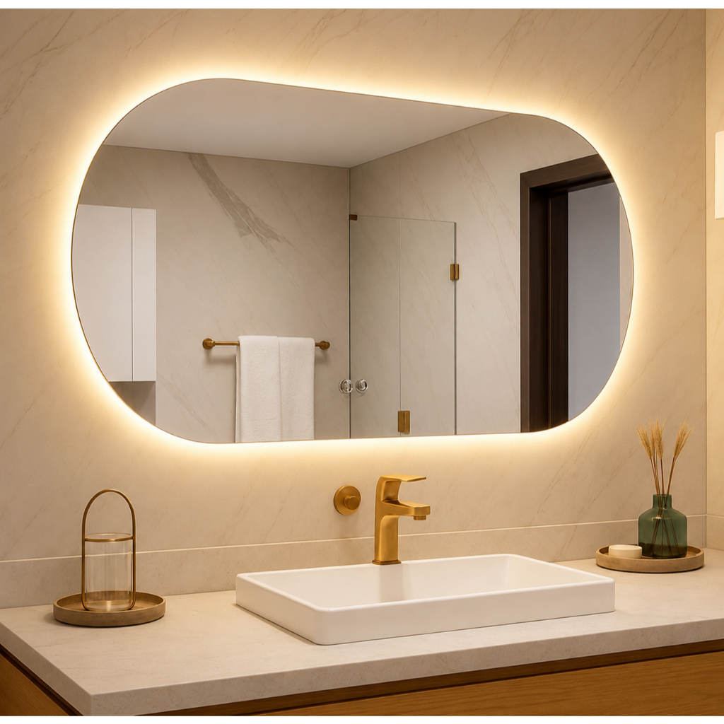 Espelho Oval Orgânico com LED Luz Quente e Fria 8