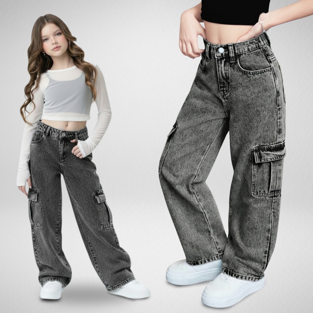 Calça Wide Leg Cargo Marmorizada Black com Bolso 