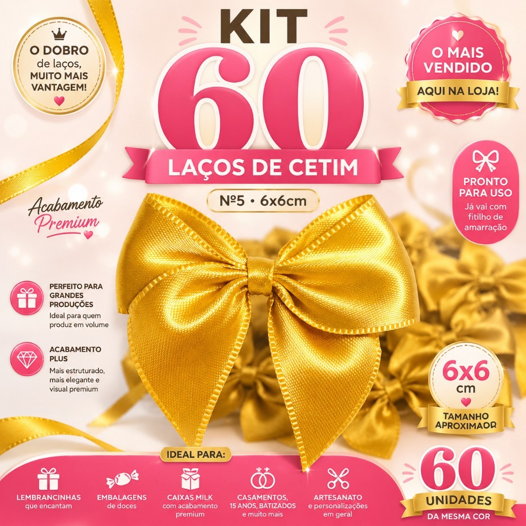 Kit 60 Laços/Lacinhos de Cetim N.5 6x6cm para Doc