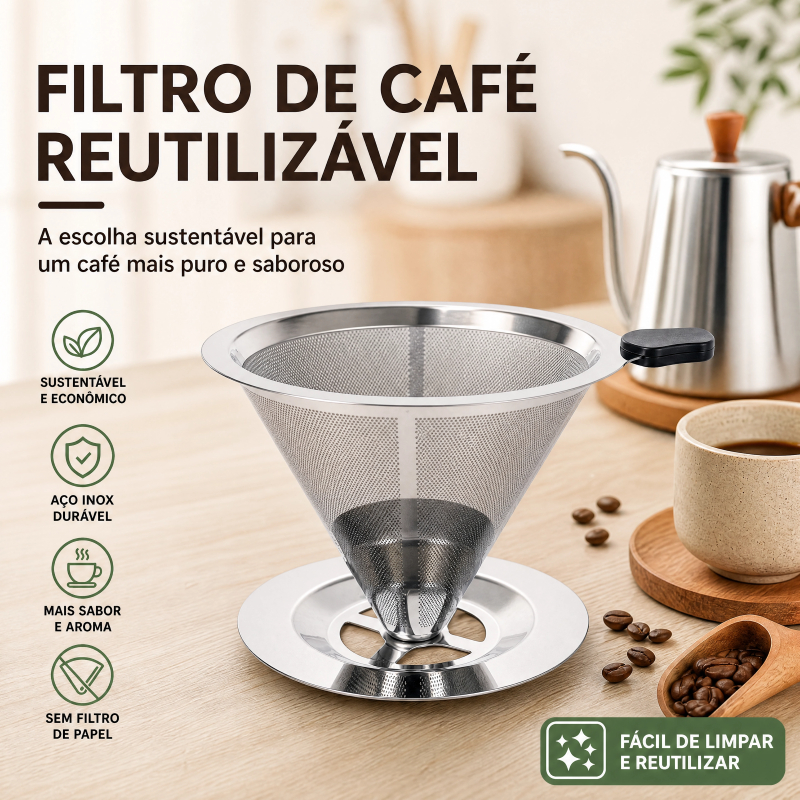 Filtro de Café Inox Reutilizável com Malha Ultra