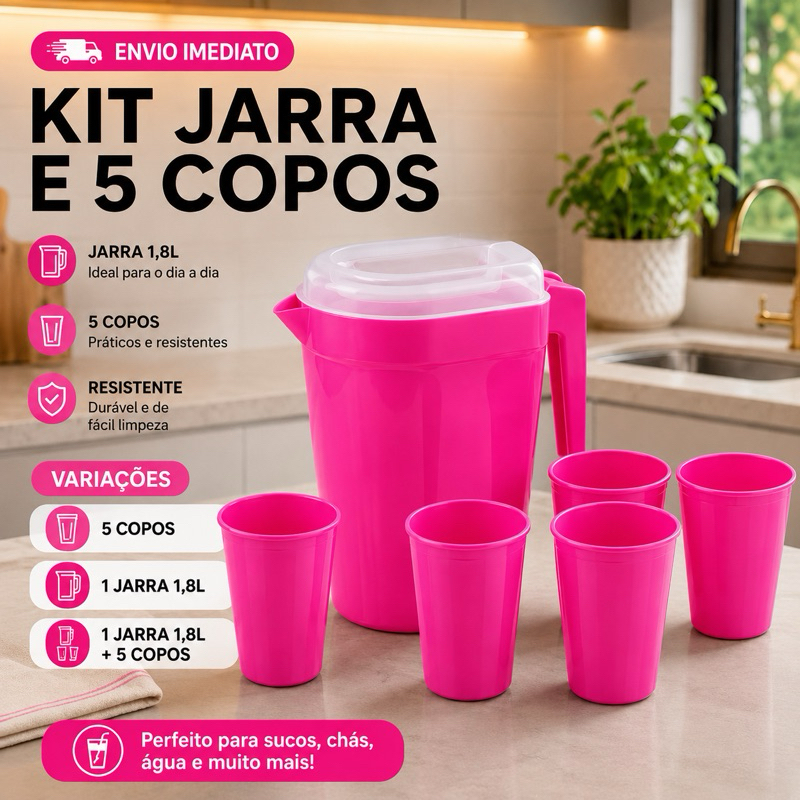 Kit Completo Jarra 1,8L + 5 Copos Plástico Premiu