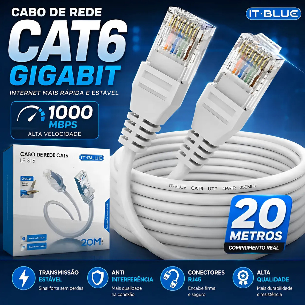 Cabo De Rede Cat6 20m Ethernet Lan Rj45 Internet G
