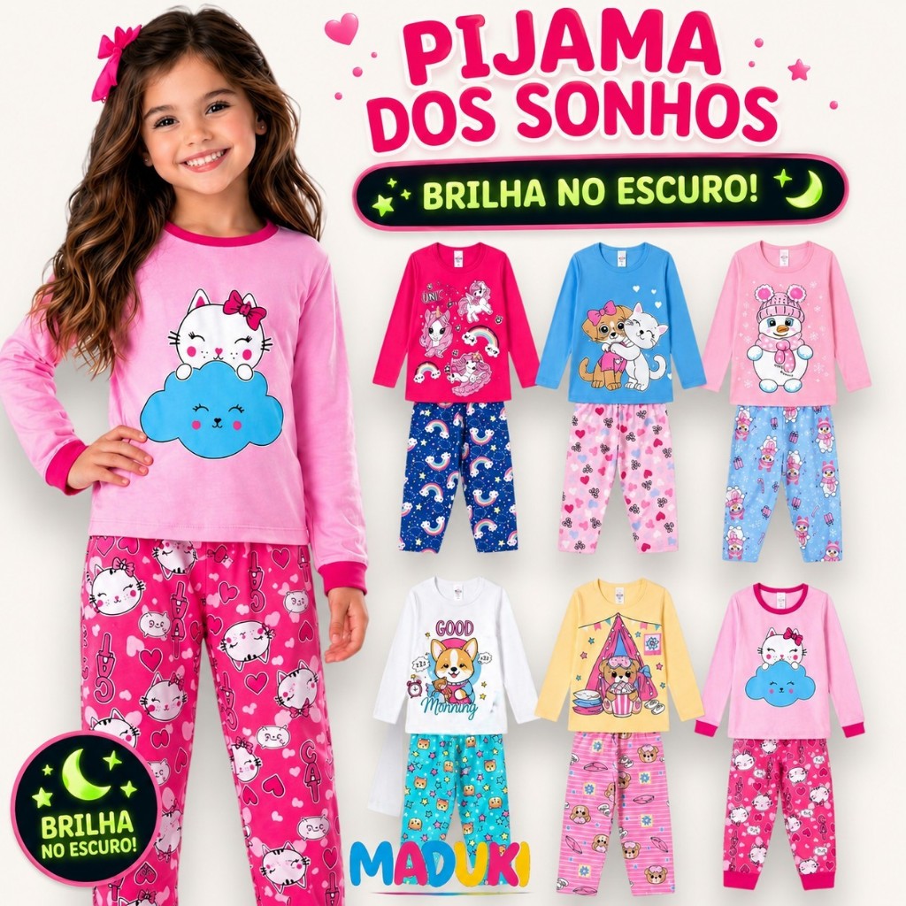Kit 4 Peças Pijama Infantil Feminino Inverno Mang