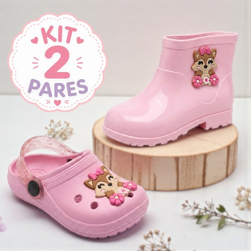 Kit 2 Pares Infantil Menina Galocha e Babuche Leve