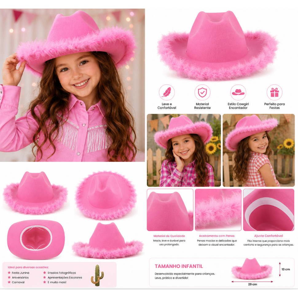 Chapéu Cowgirl Infantil Rosa com Penas Decorativa