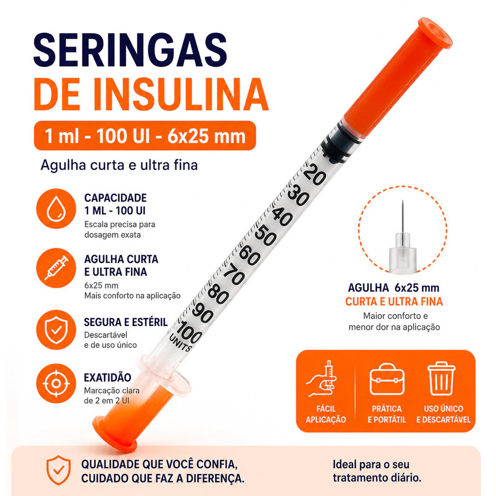 Seringa de Insulina 1ml 100UI com Agulha Fixa 6 x 