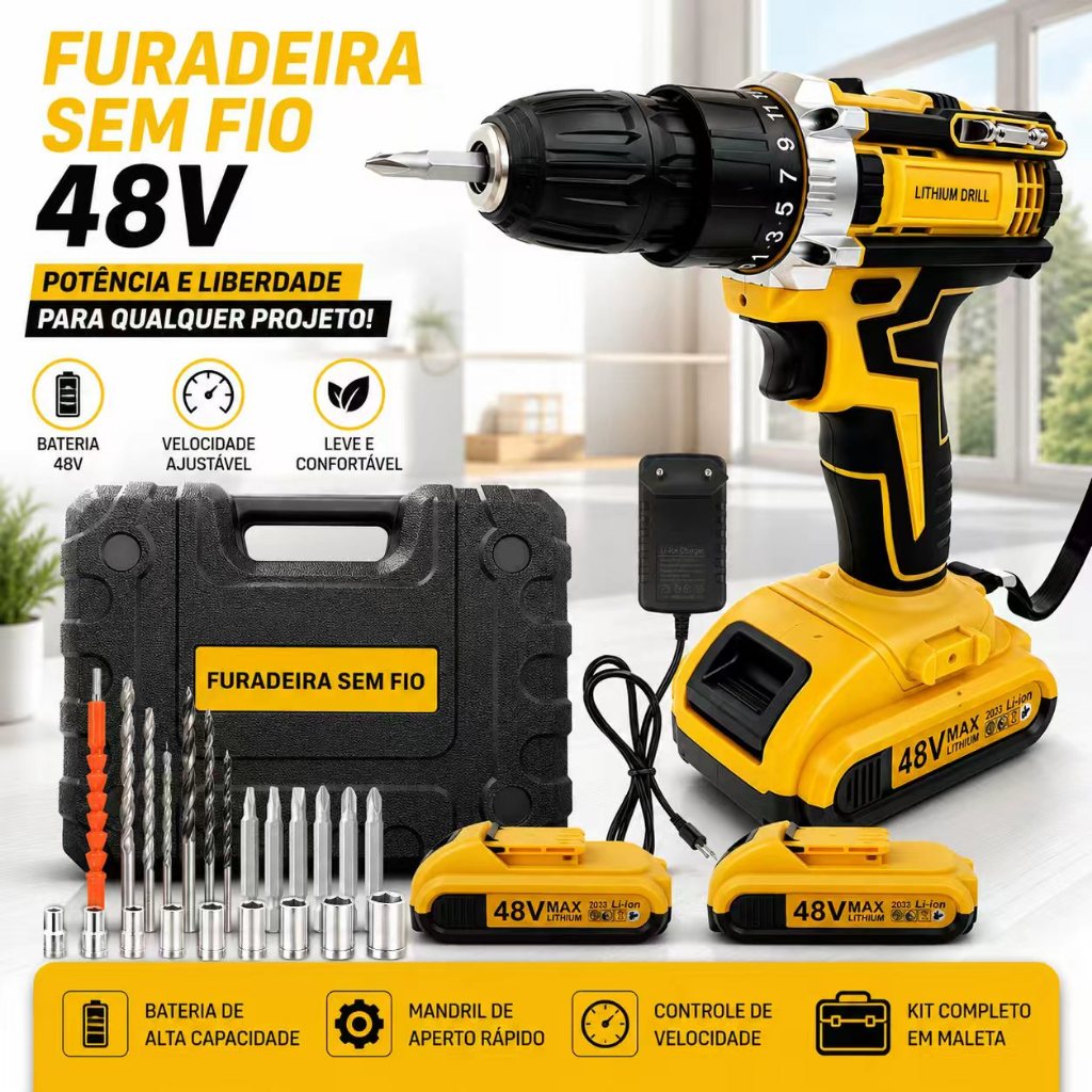 Parafusadeira Furadeira 48V Sem Fio com 2 OU 1 Bat