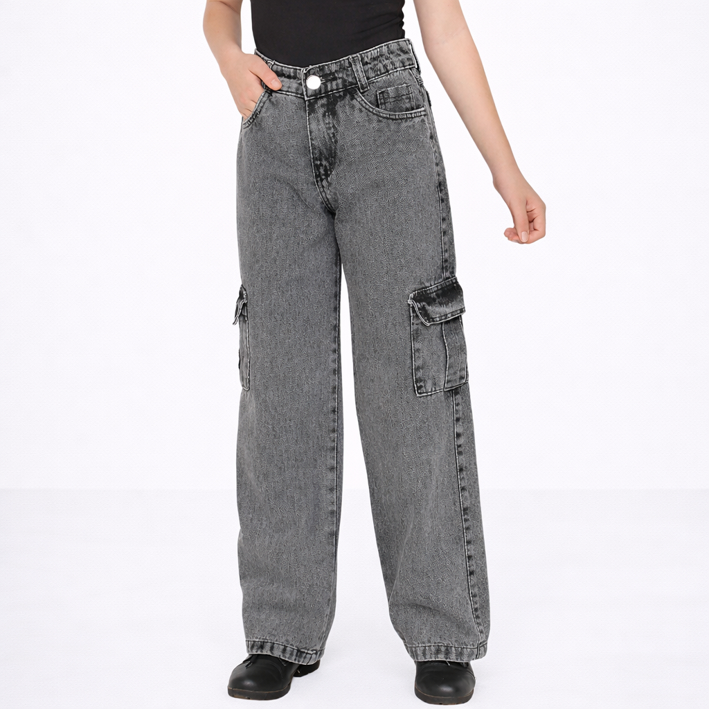 Calça jeans wide leg cargo juvenil infantil menin