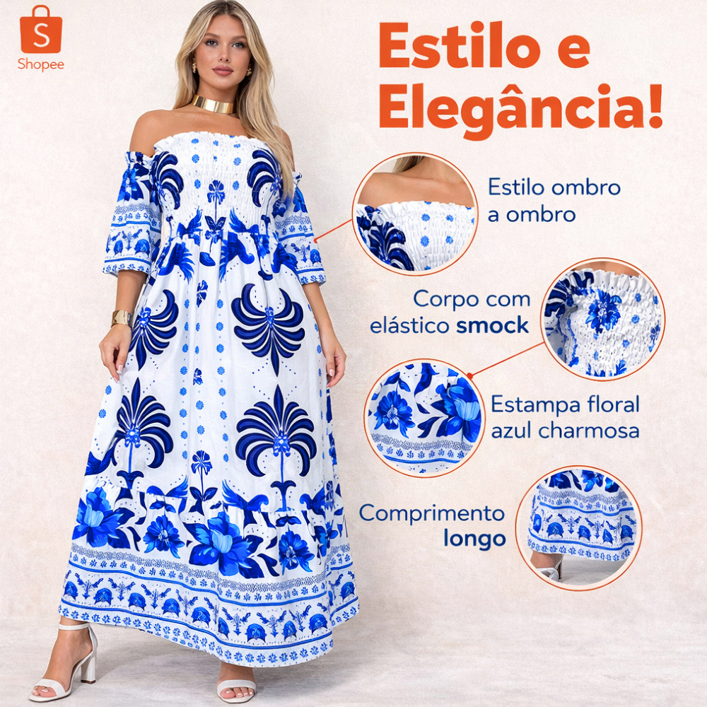 Vestido Longo Elegante Estampa Tecido Crepynho Ver