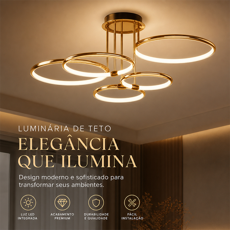 Luminária de Teto LED de 5 Anéis Dourada Acabame
